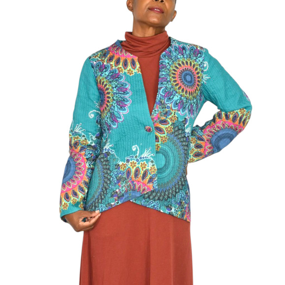 Soft Surroundings Quilted Jacket Green Paisley Cotton Mandala Print Artistic XS - Picture 8 of 16